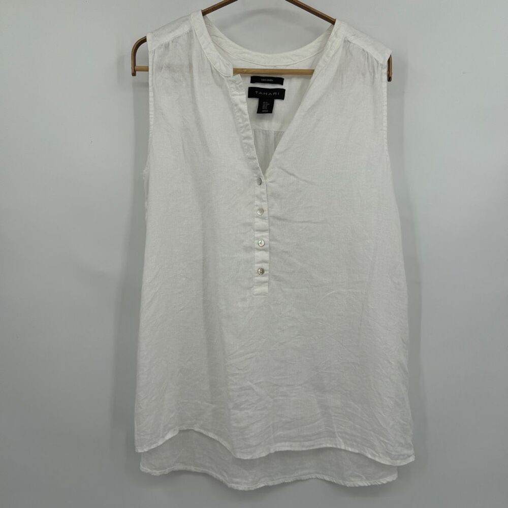 Tahari 100% Linen Sleeveless Henley Tunic Top White Size Medium